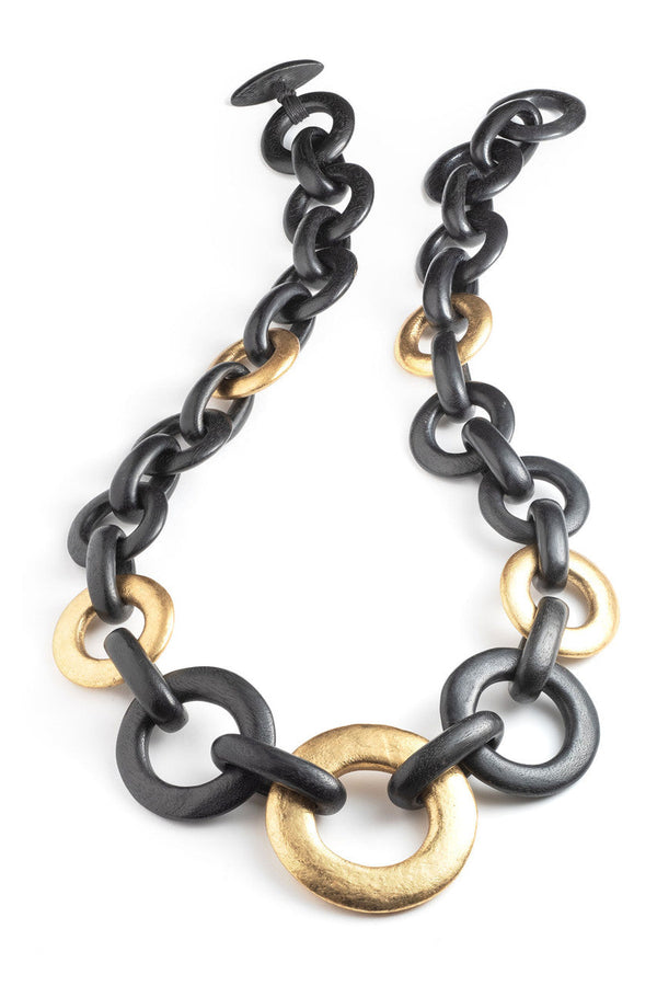 natori Acacia Wood and Gold Plated Circle Chain Link Necklace Black/Gold