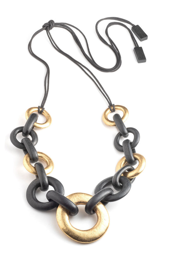 natori Acacia Wood and Gold Plated Circle Chain Link Tie Belt Black/Gold