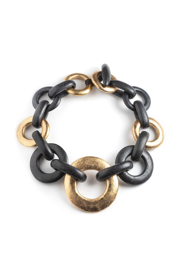 natori Acacia Wood and Gold Plated Circle Chain Necklace Black/Gold