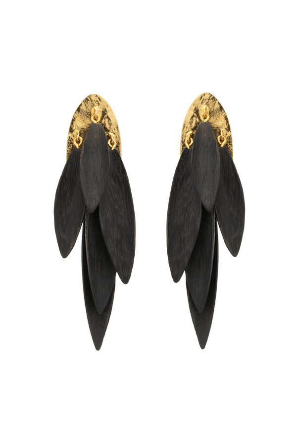 natori Acacia Wood and Gold Plated Leaf Earrings Black