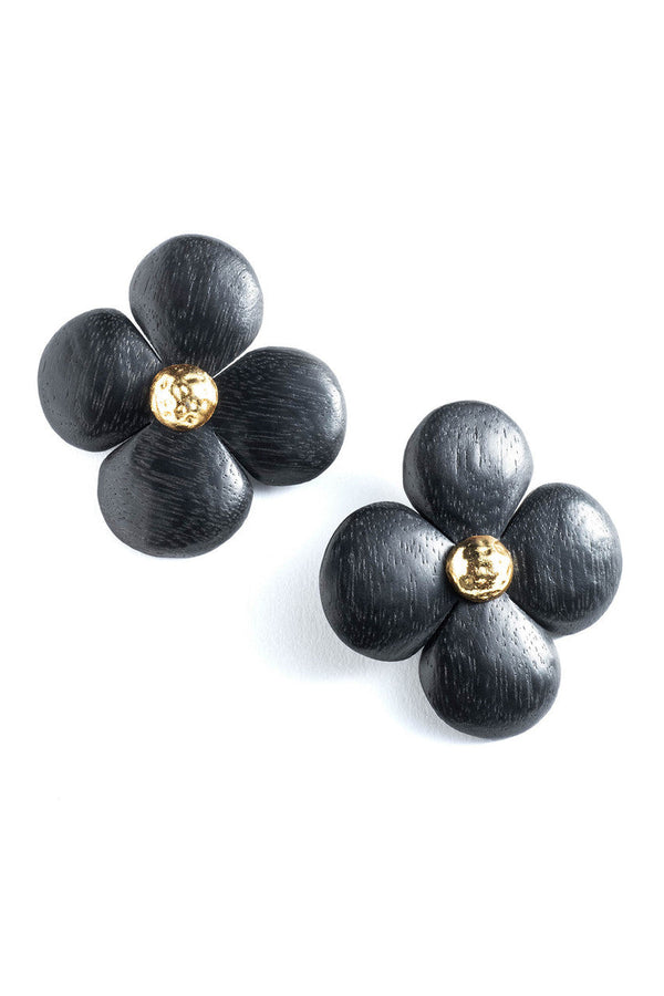 natori Acacia Wood and Silver Plated Floral Earrings Black