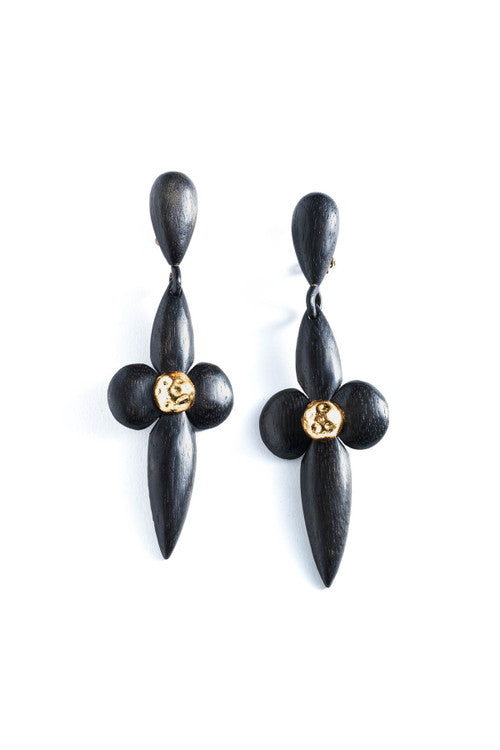 natori Acacia Wood and Silver Plated Large Teardrop Floral Earrings Black