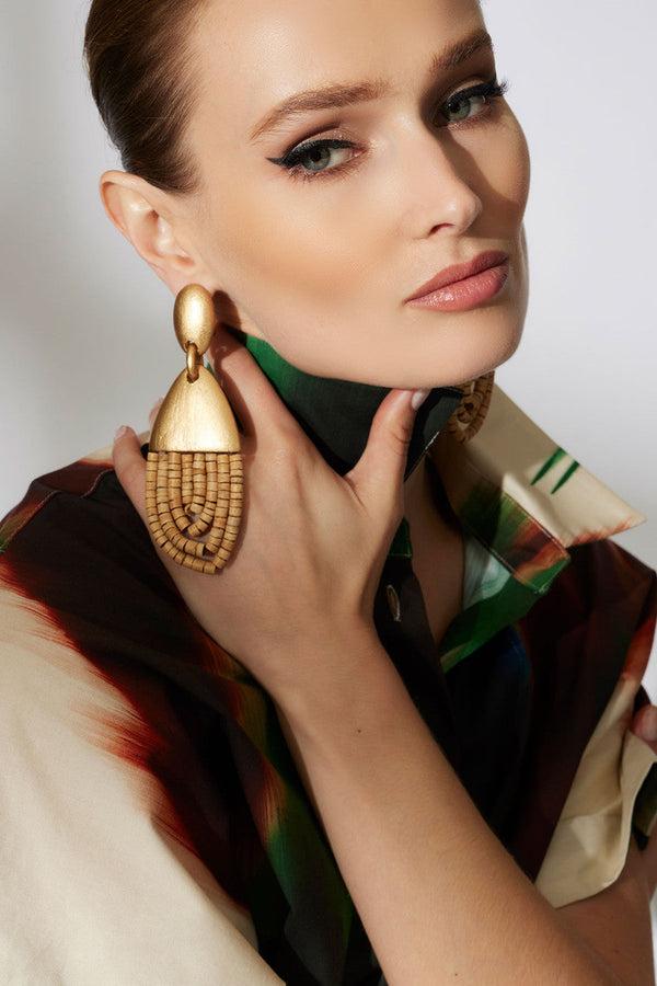 Natori Acacia Wood Gold Drop Beaded Earrings Antique Gold