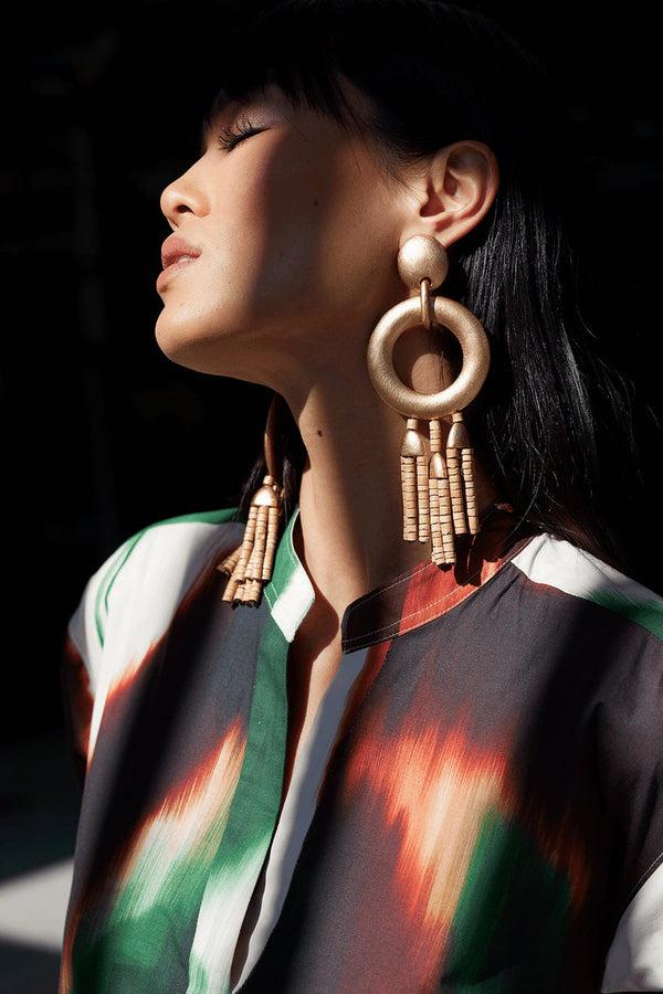 Natori Acacia Wood Gold Fringe Beaded Earrings Antique Gold