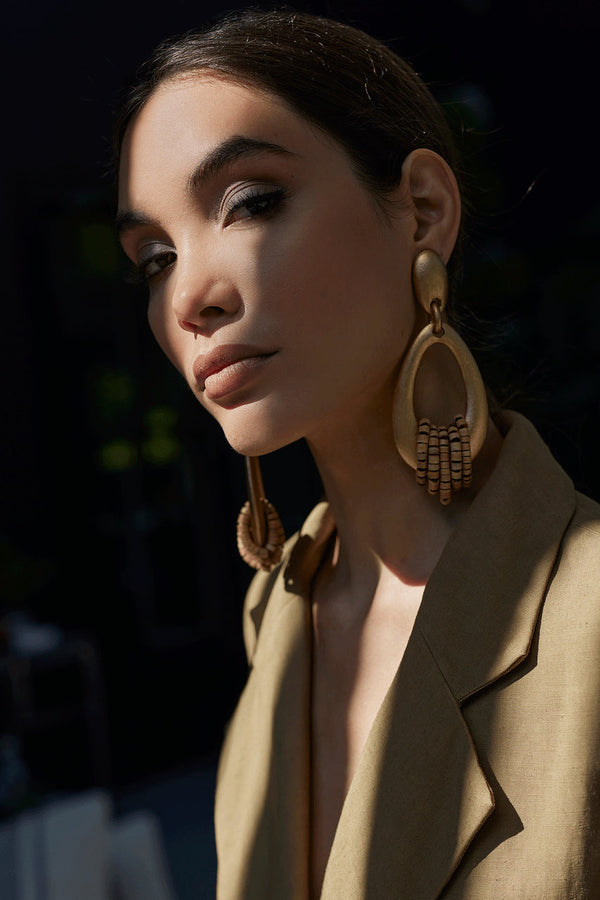 Natori Acacia Wood Gold Hoop Beaded Earrings Antique Gold