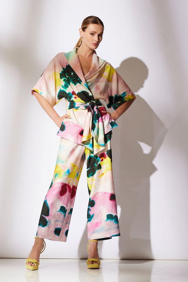 natori Akiko Printed Cotton Silk Twill Cropped Pull On Pants Multi