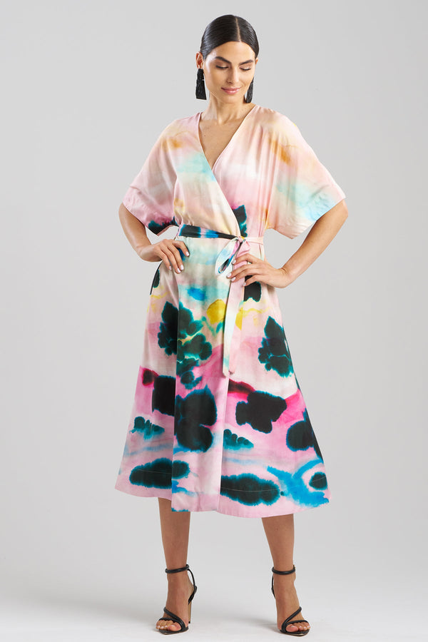 Natori Akiko Printed Cotton Silk Twill Kimono Wrap Dress Multi