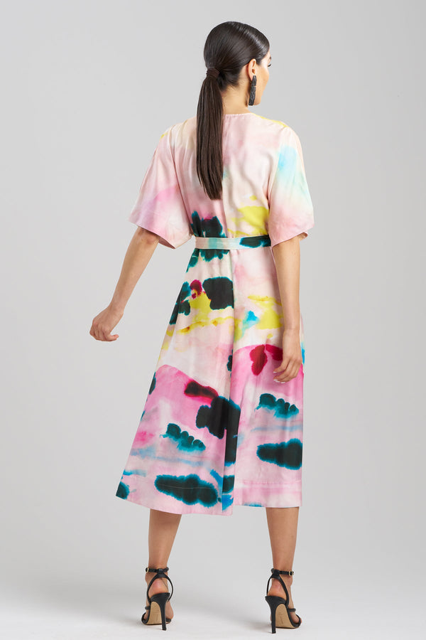 Natori Akiko Printed Cotton Silk Twill Kimono Wrap Dress Multi