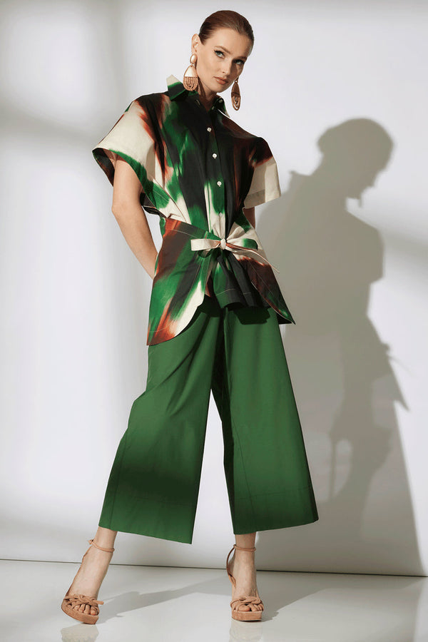 Natori Amalfi Printed Cotton Poplin Kimono Wrap Shirt Neutral Green