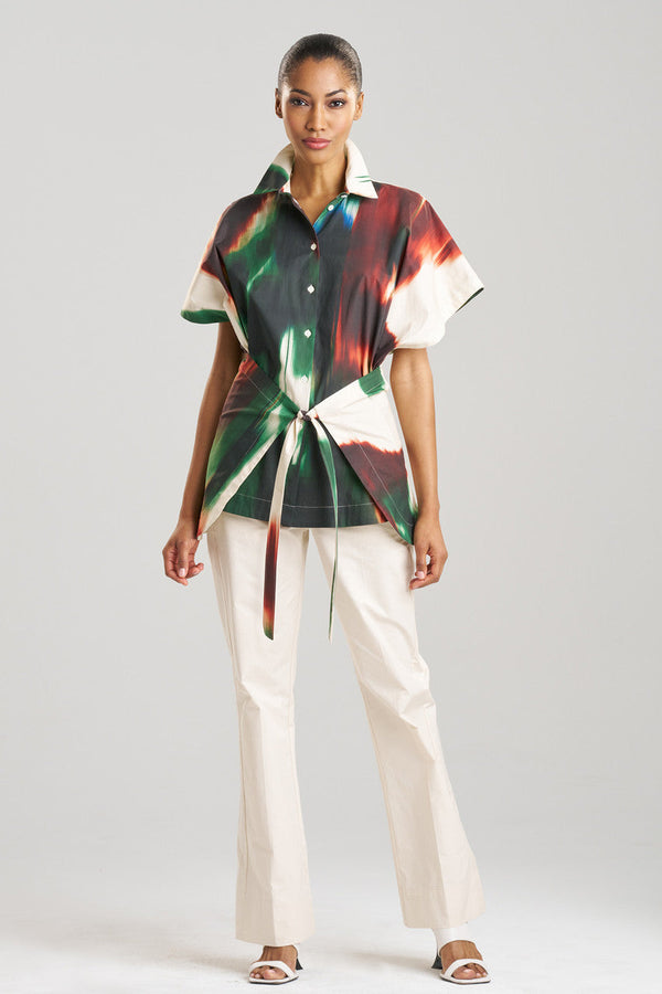 Natori Amalfi Printed Cotton Poplin Kimono Wrap Shirt Neutral Green