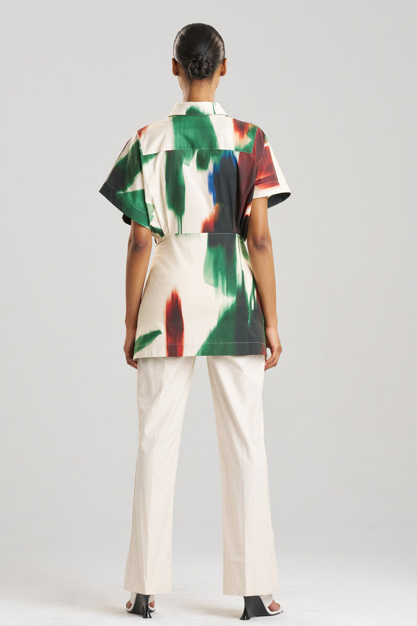 Natori Amalfi Printed Cotton Poplin Kimono Wrap Shirt Neutral Green