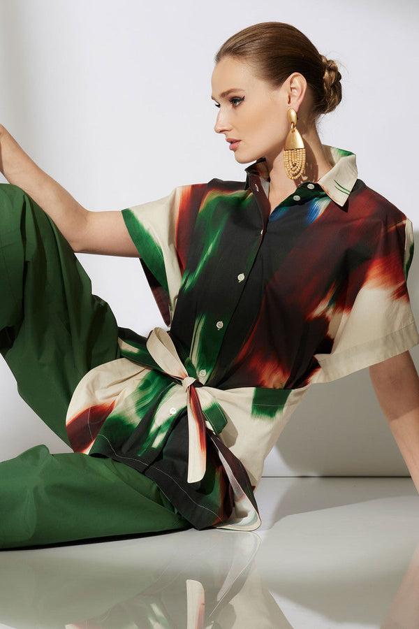 natori Amalfi Printed Cotton Poplin Kimono Wrap Shirt Neutral Green