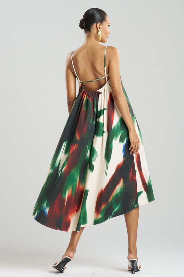 Natori Amalfi Printed Cotton Poplin Open Back Dress Neutral Green