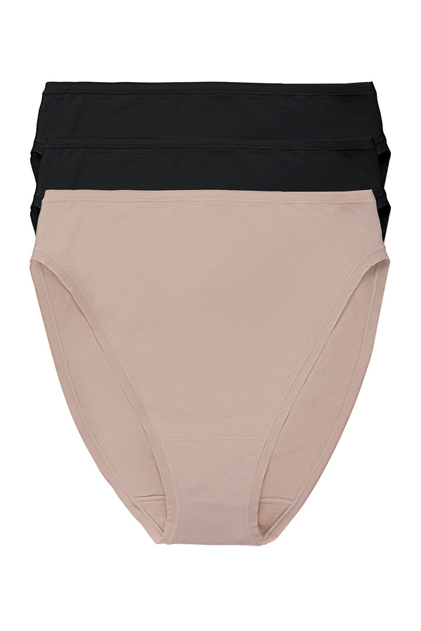 natori Bliss Bare Cotton High Cut Brief 3-Pack Black/Black/Café