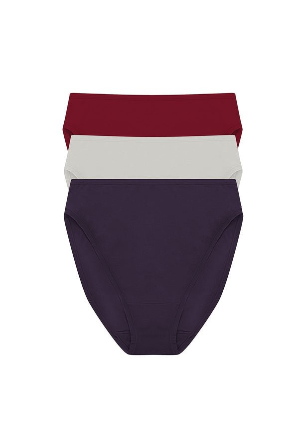 natori Bliss Bare Cotton High Cut Brief 3-Pack Purple Dusk/Smoky/Dk Red