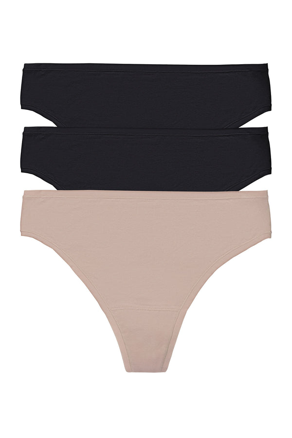 natori Bliss Bare Cotton Thong 3-Pack Black/Black/Café