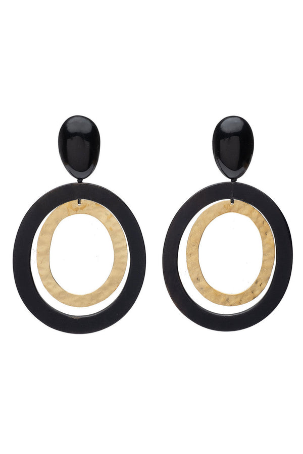 natori Buffalo Horn and Gold Double Hoop Clip Earrings Black