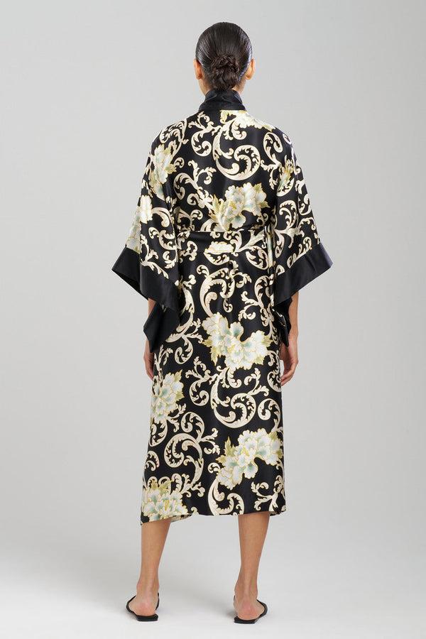 Natori Camille Floral Scroll Kimono Silk Robe Black/Gold