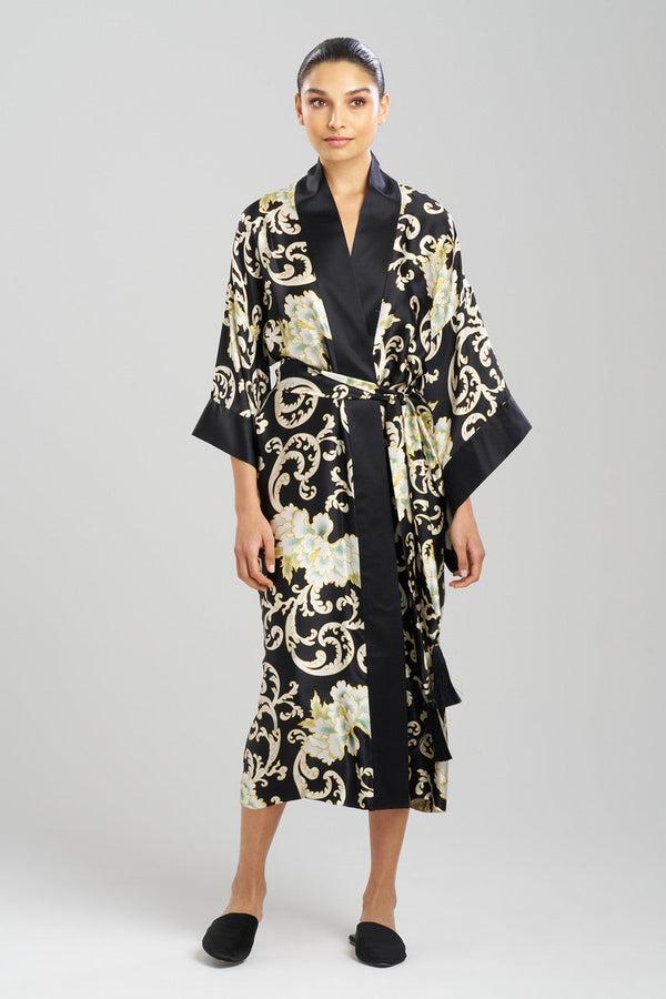 natori Camille Floral Scroll Kimono Silk Robe Black/Gold