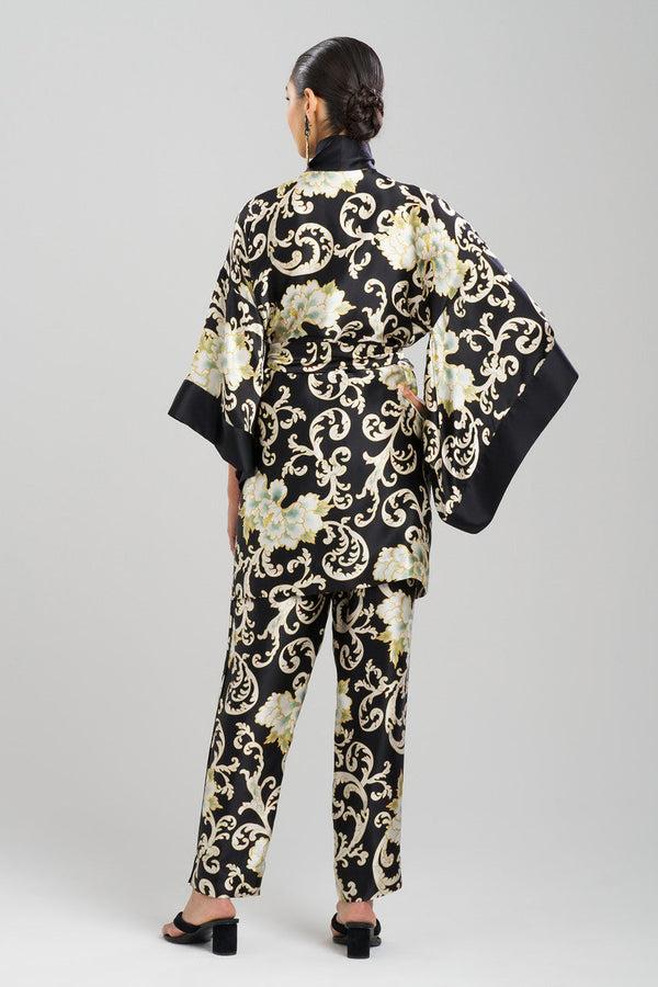 Natori Camille Floral Scroll Kimono Silk Wrap Black/Gold