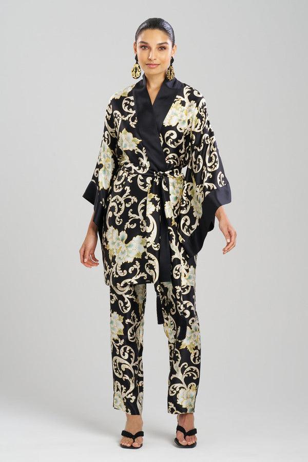 natori Camille Floral Scroll Kimono Silk Wrap Black/Gold