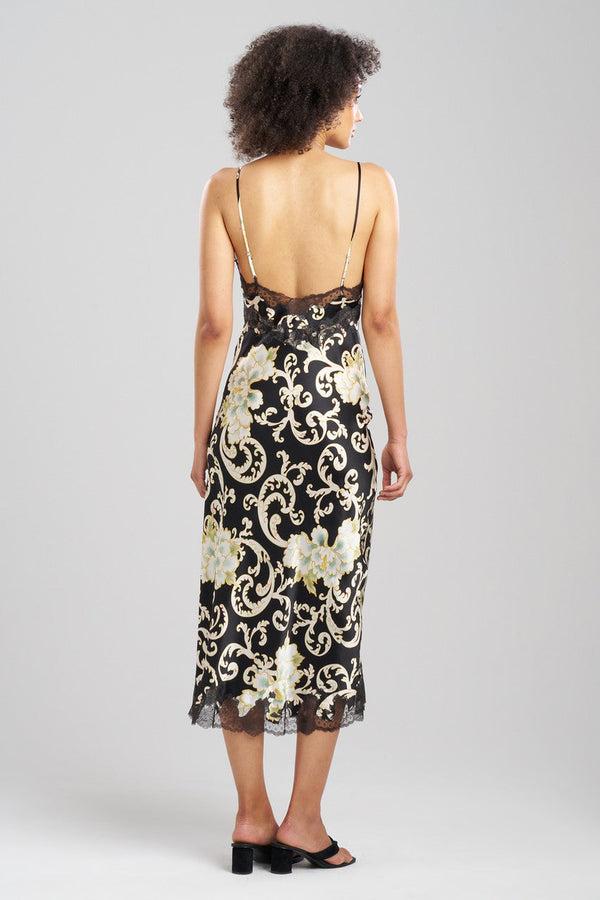 Natori Camille Floral Scroll Lace Slit Silk Slip Dress Black/Gold