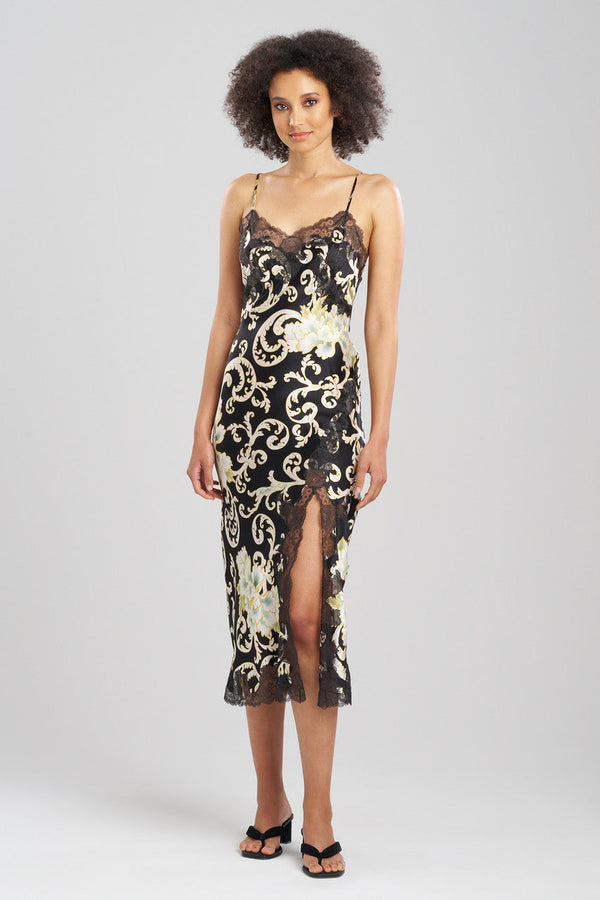 natori Camille Floral Scroll Lace Slit Silk Slip Dress Black/Gold