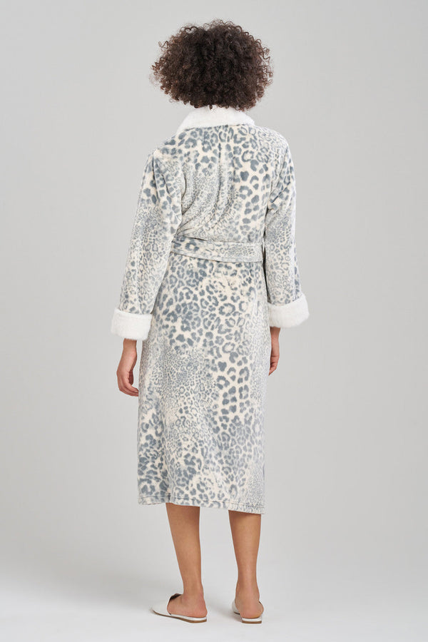Natori Cashmere Leopard Faux Fur Collar Robe Silver White