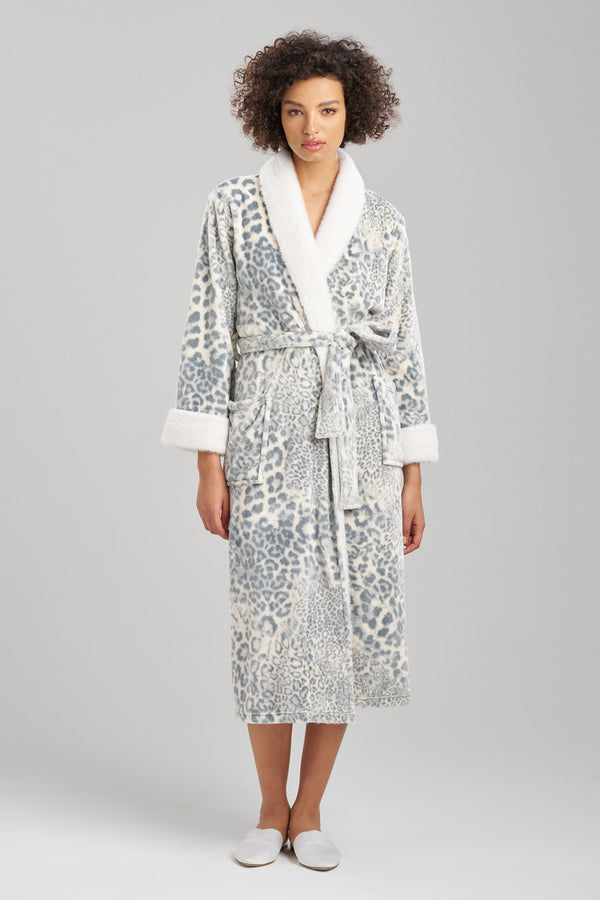 natori Cashmere Leopard Faux Fur Collar Robe Silver White