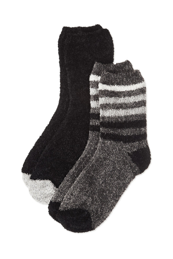 Natori Chenille Multi Striped/Solid Cozy Crew Socks - 2 Pair Pack Castlerock