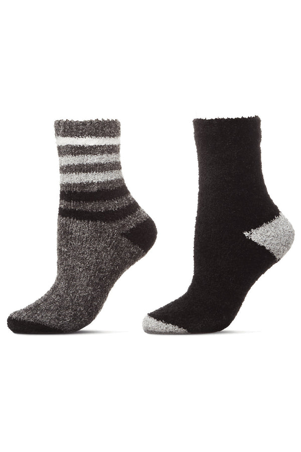 natori Chenille Multi Striped/Solid Cozy Crew Socks - 2 Pair Pack Castlerock
