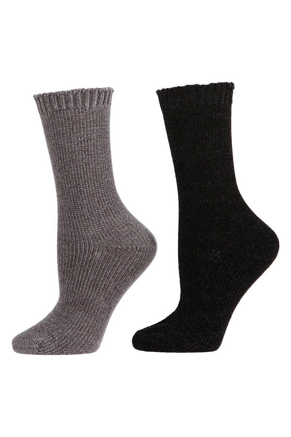 natori Chenille Solid Crew Socks - 2 Pair Pack Black/Gray