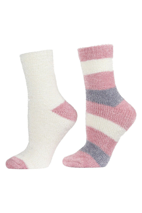 natori Chenille Striped/Solid Cozy Crew Socks - 2 Pair Pack Blush