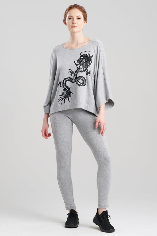 Natori Cocoon Brushed French Terry Dragon Embroidered Kimono Top Ht. Grey