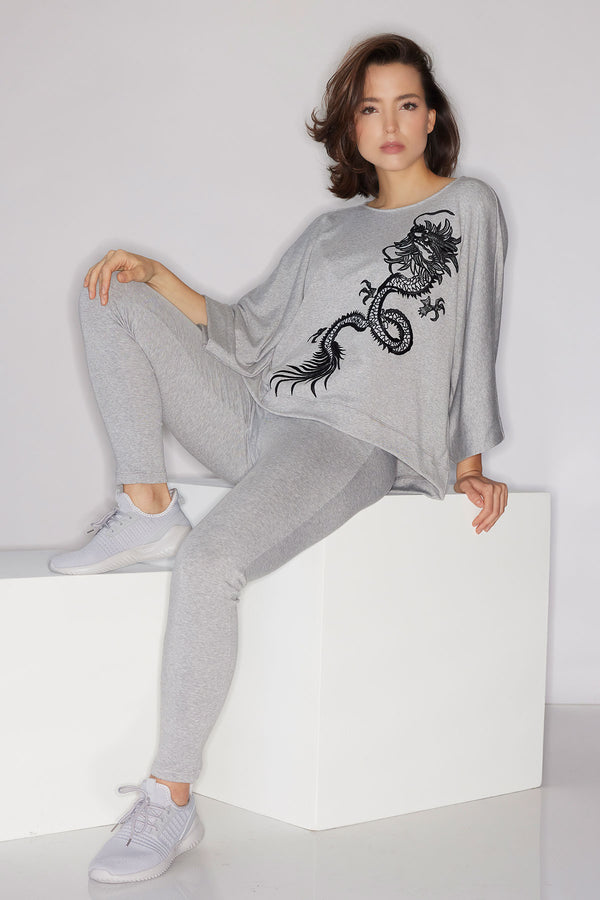 Natori Cocoon Brushed French Terry Dragon Embroidered Kimono Top Ht. Grey