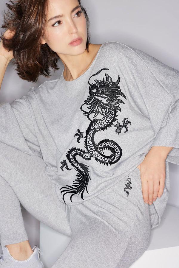 natori Cocoon Brushed French Terry Dragon Embroidered Kimono Top Ht. Grey