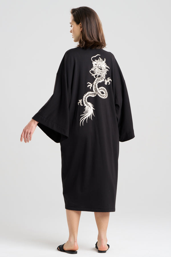 Natori Cocoon Brushed French Terry Dragon Embroidered Robe Black