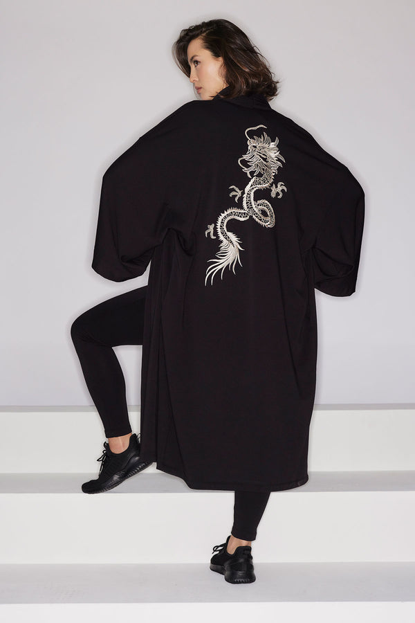 natori Cocoon Brushed French Terry Dragon Embroidered Robe Black
