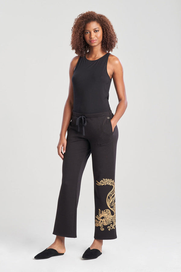 natori Cocoon Embroidered Dragon Straight Leg Pants Black