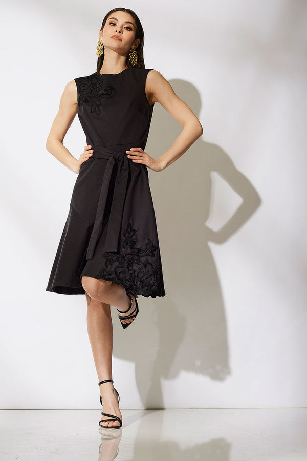 natori Cotton Chino Fit & Flare Embroidered Dress Black