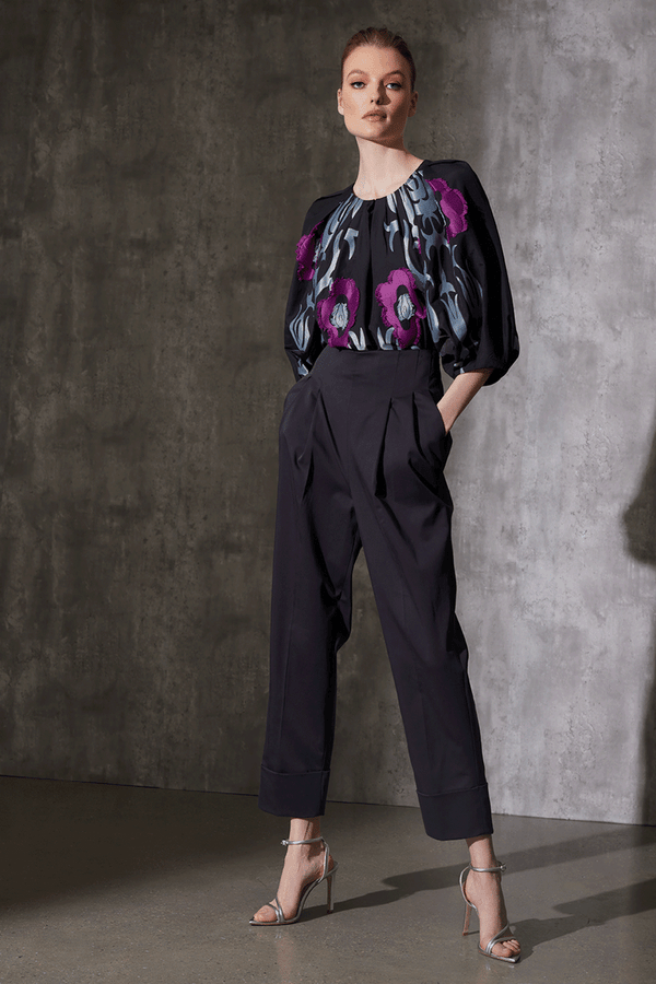 Natori Cotton Chino High Waisted Pleated Pants Black