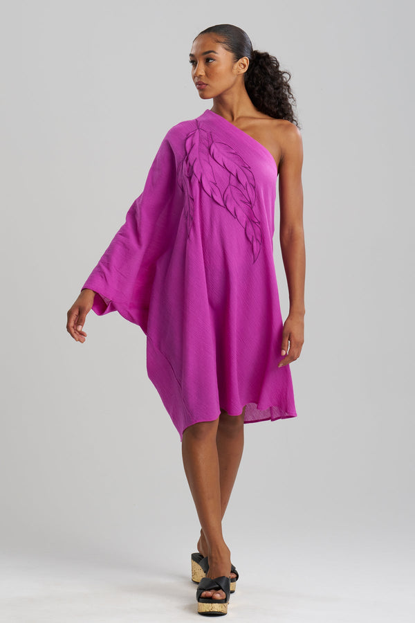 Natori Cotton Gauze Applique One Shoulder Dress Magenta