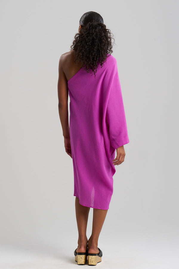 Natori Cotton Gauze Applique One Shoulder Dress Magenta