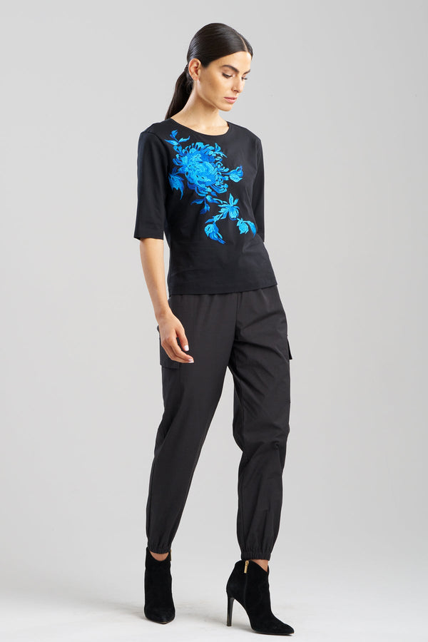natori Cotton Jersey Embroidered Floral T-Shirt Black