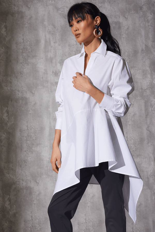 Natori Cotton Poplin Asymmetrical Flounce Shirt White