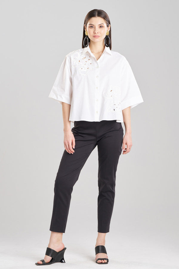 natori Cotton Poplin Embroidered Cutout Trapeze Shirt White