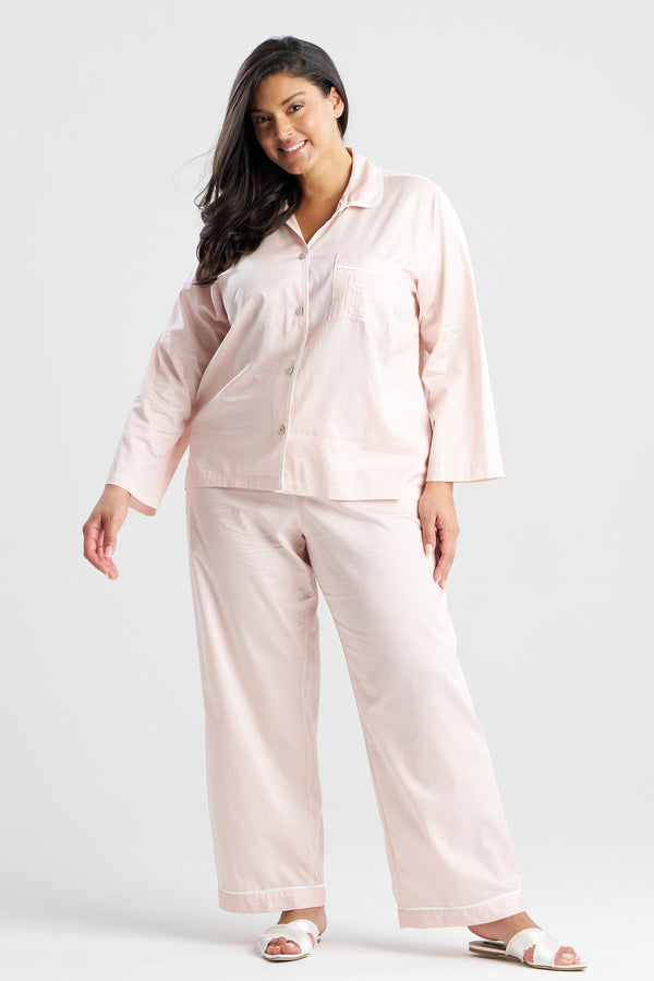Natori Cotton Sateen Embroidered Essentials Notch PJ Blush Pink
