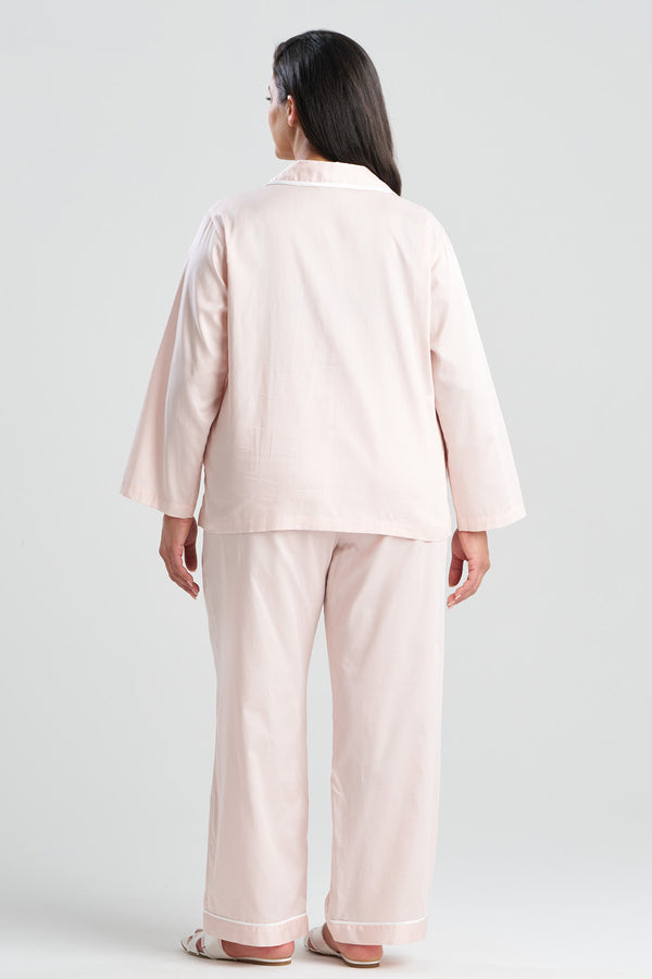 Natori Cotton Sateen Embroidered Essentials Notch PJ Blush Pink