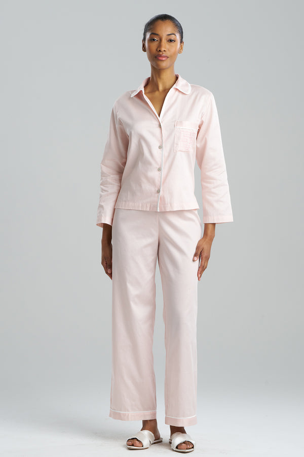 natori Cotton Sateen Embroidered Essentials Notch PJ Blush Pink