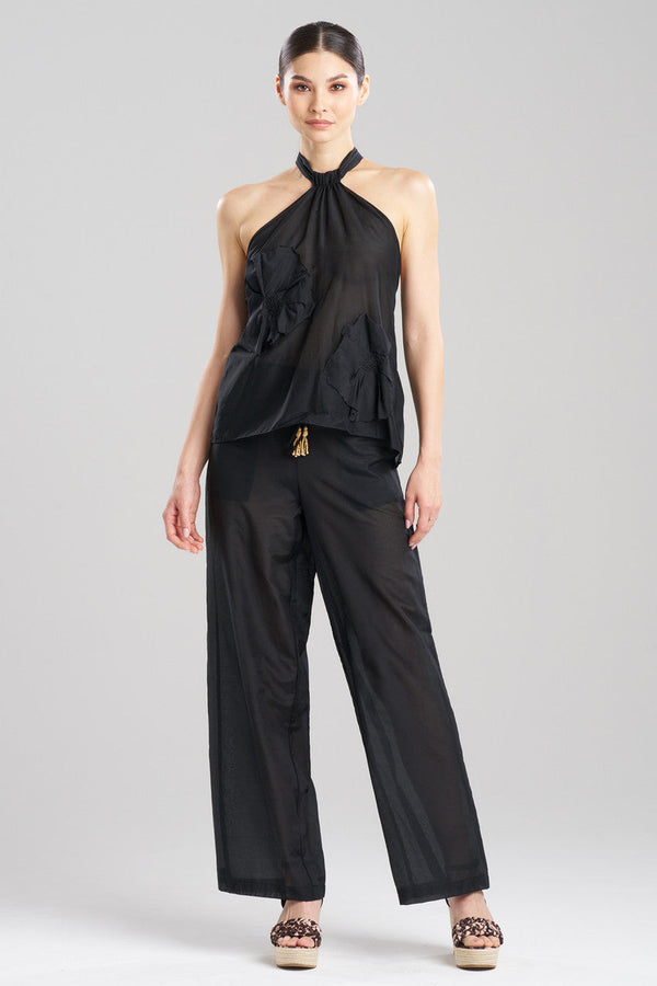 natori Cotton Silk Voile Applique Sheer Halter Top Black